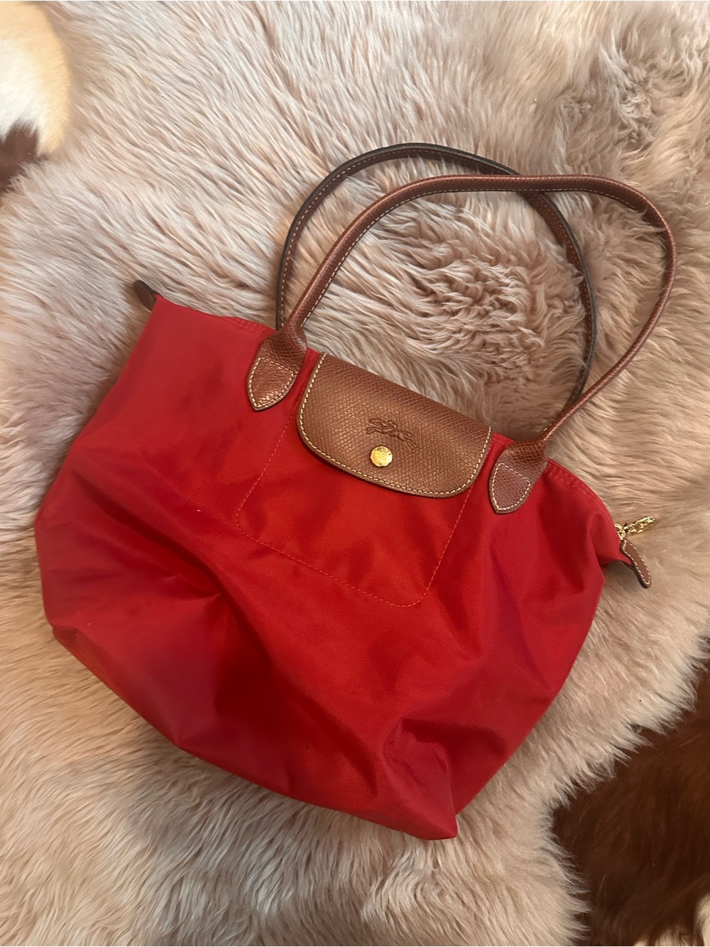 Longchamp Red Tote with Brown Leather Trim - Picture 6 of 7